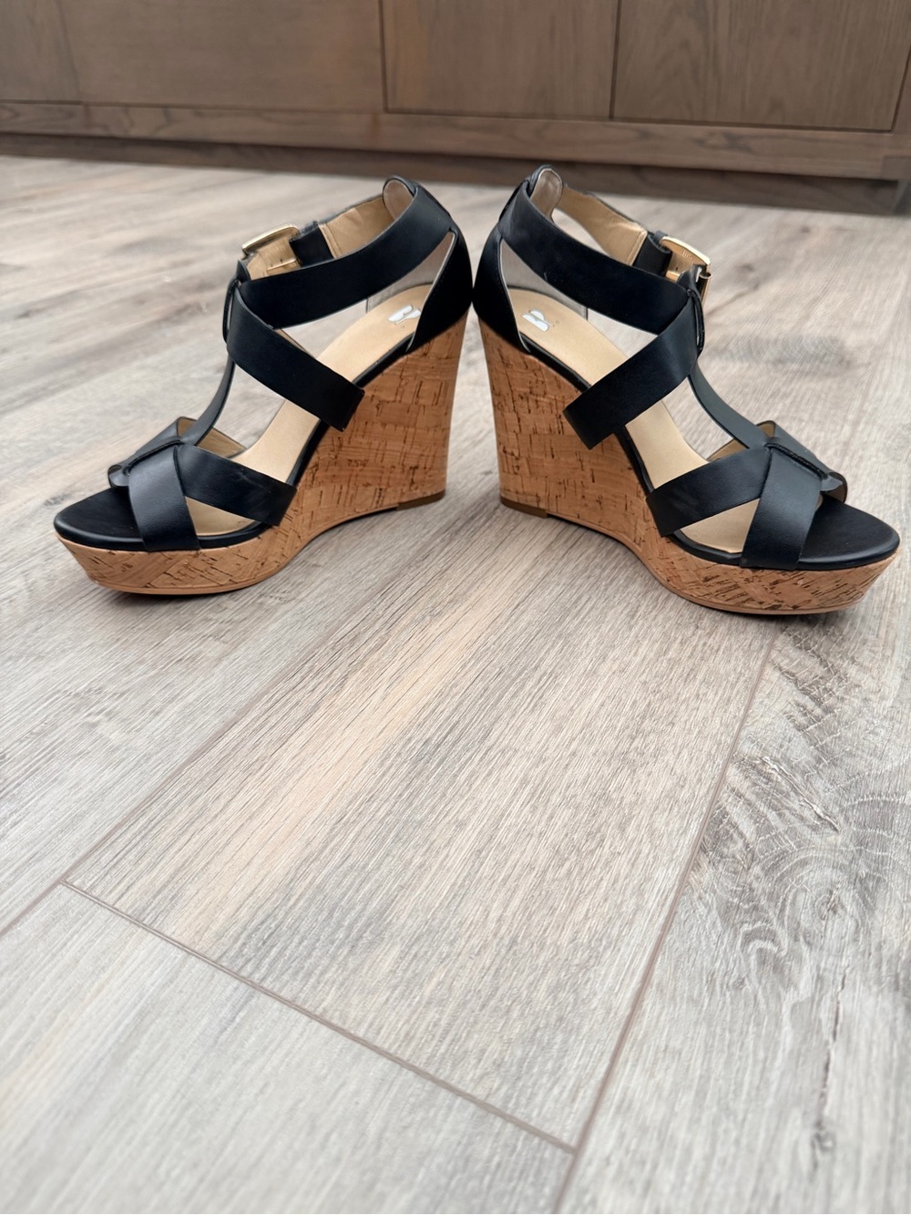 Nordstrom BP Black Cork Wedge Sandals with Ankle Buckle